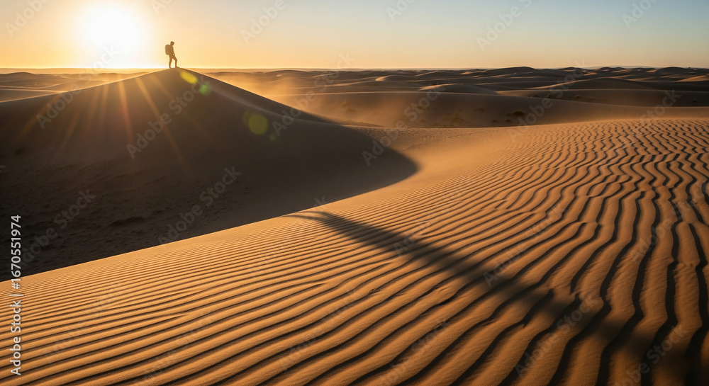 Naklejka premium Silhouette of a Person Walking on Sand Dunes at Sunset, Desert Landscape and Adventure Concept