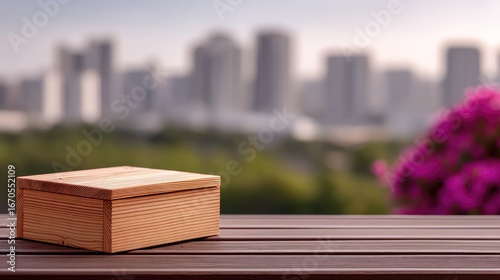 Small Brown Wooden Box on Rooftop with City Skyline