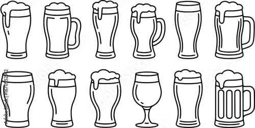 Collection of hand drawn beer glasses with foam top outline icons