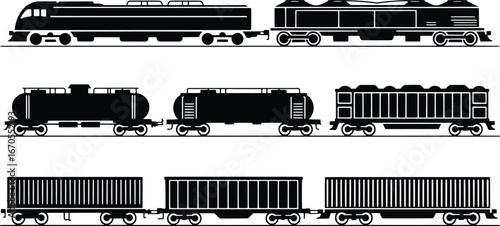 Collection of vintage and modern train silhouettes on white background
