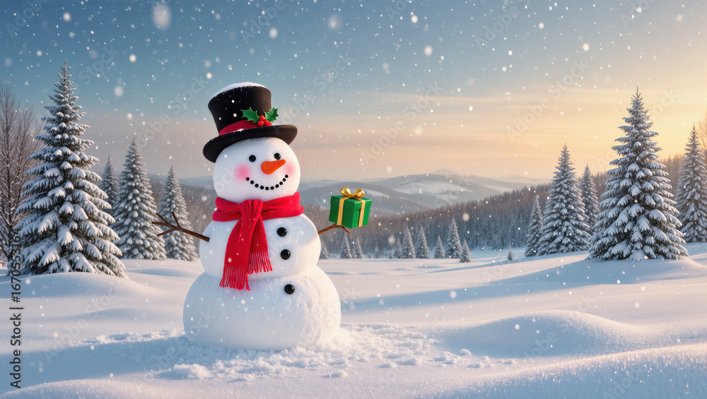 Obraz premium Christmas snowman with red scarf and top hat holding a gift in snowy landscape with pine trees and falling snow.
