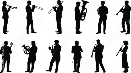 Silhouettes of musicians playing various brass and woodwind instruments