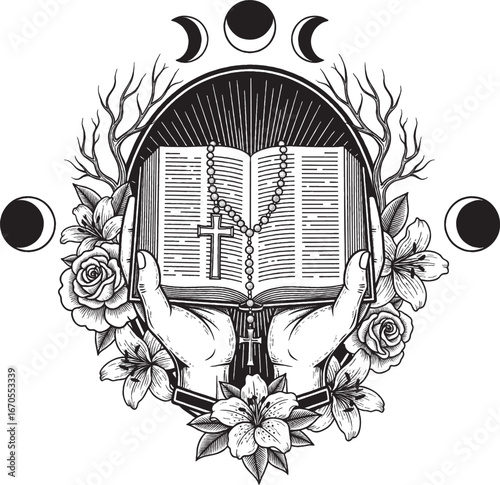 Vector gothic illustration of holy bible with cross and roses