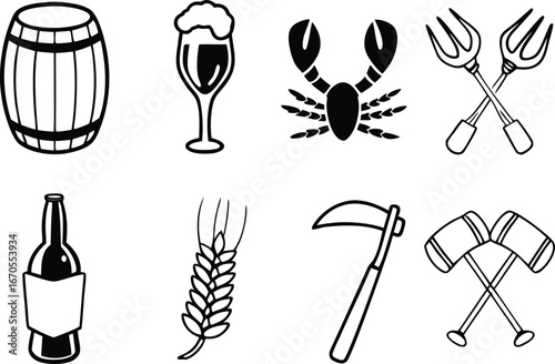 Assorted Icons of Food Drink and Tools Outline barrel beer