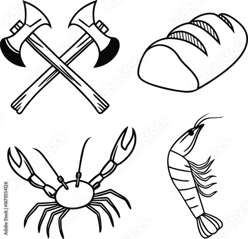 Four simple line art illustrations of a loaf of bread, two axes, a crab, and a shrimp battle axe weapon