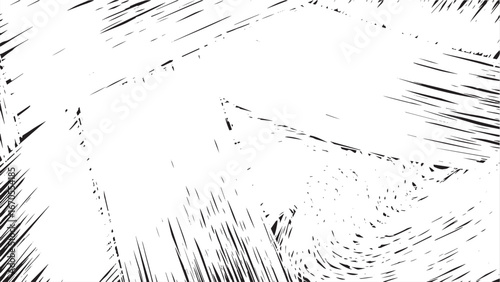 Abstract vector texture of irregular scratchy lines spreading out like motion streaks, drawn in black on white background, creating speed effect.