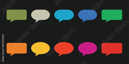 Multicolor Speech Bubble Icon Set on Dark Background – Modern Flat Design Chat Symbols for UI/UX, Messaging Apps, Social Media, Communication Graphics, and Creative Digital Projects.