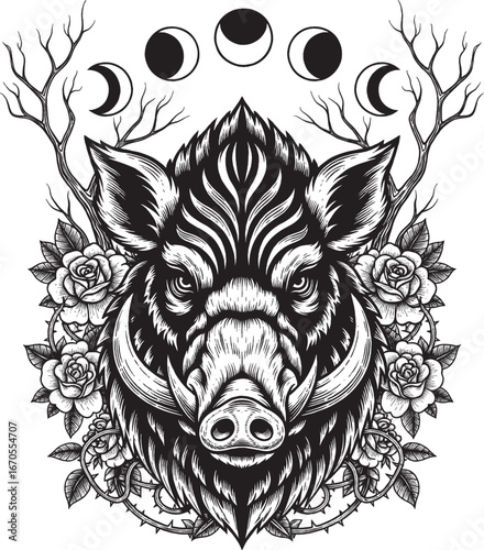 Wild Boar with Mystical Moon Phases Vector Illustration
