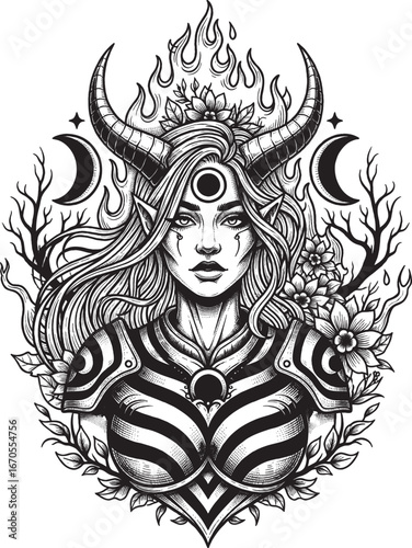 Warrior Goddess with Horns and Fire Black and White Vector