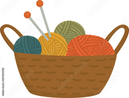 Basket with yarn balls and knitting needles. Cozy craft illustration with materials for handmade 