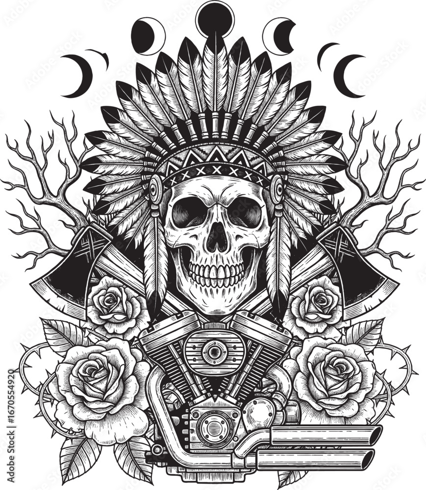 Fototapeta premium Tribal Skull Chief with Headdress Vector Artwork