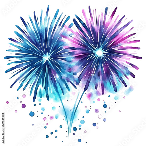 Fireworks Summer Celebration Night, watercolor illustration vector, isolated on a white background.