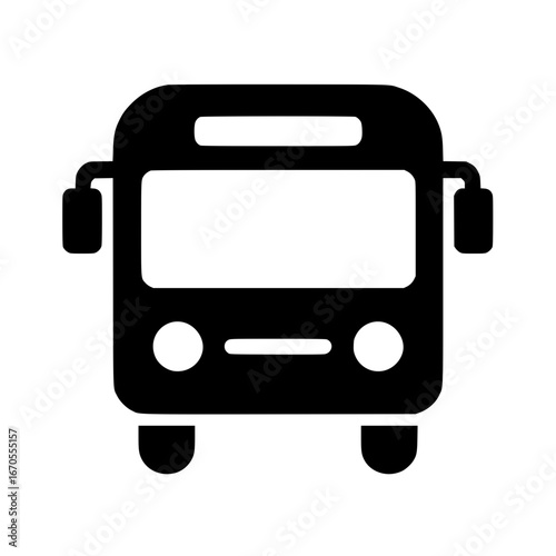 Front-facing city bus with windows, headlights, and wheels in a strong black silhouette