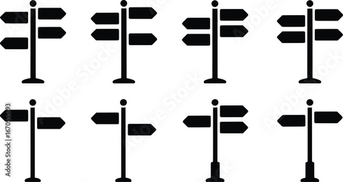 Set of black silhouette directional signposts on white background