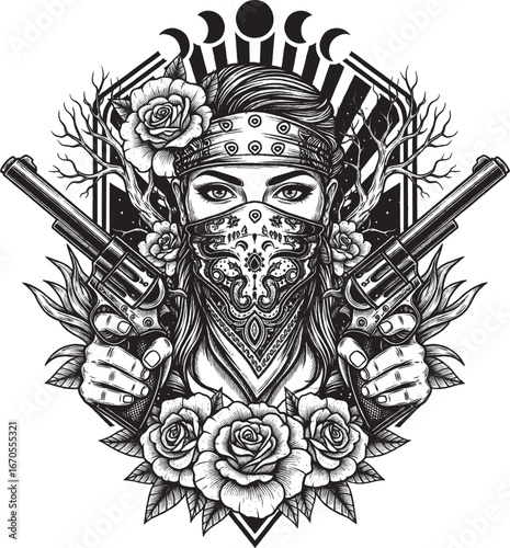 Gangster Skull Vector with Guns and Roses Tattoo Style