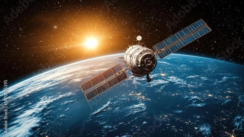Satellite orbiting Earth during sunrise.