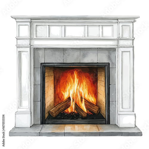 watercolor of Fireplace Glowing Warmth, vector, isolated on a white background.