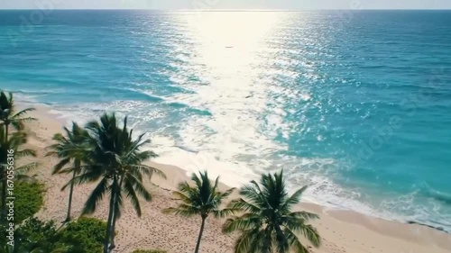 “Aerial drone video of turquoise ocean waves washing over a tropical sandy beach lined with palm trees. Crystal-clear water and golden sunlight create a scenic travel destination. Perfect for use in t