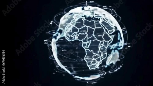 “Abstract digital animation of a futuristic glowing globe with connected data networks, holographic lines, and binary streams moving across a dark background. Perfect for illustrating themes of artifi