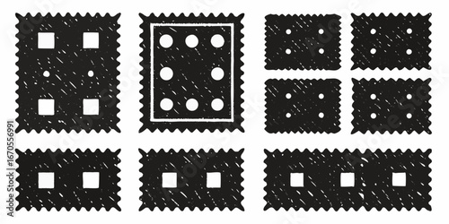 Collection of hand drawn black and white cracker icons with various hole patterns on a white background