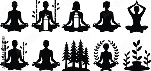 Collection of silhouettes practicing yoga and meditation in nature