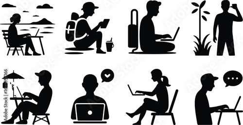 Diverse silhouettes of people working remotely with laptops in various settings