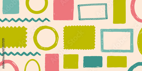 Collection of hand drawn doodle frames and shapes in pastel colors on a light background