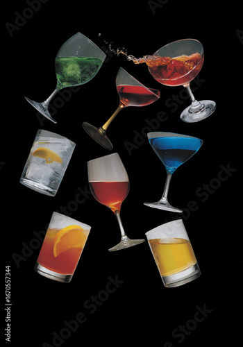 glass of cocktails, martini glass with olives and lemon, glass of champagne, Sex on the Beach, Sea Breeze, Planters punch, Painkiller cocktail PNG set bundle, transparent isolated background. Mixology