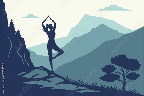 Serene mountain yoga silhouette person practicing tree pose outdoors serenity