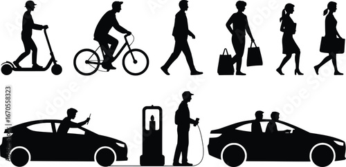Diverse silhouettes of people and vehicles representing modern transportation and urban life