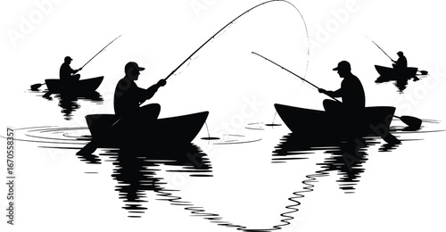 Silhouettes of fishermen casting lines from boats on calm water