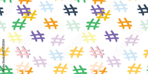 Seamless vector pattern of colorful hashtag symbols repeated across white background, playful and digital social media inspired design.