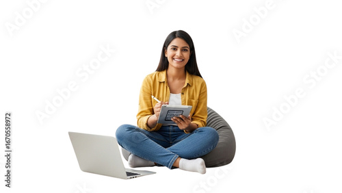 Productive and Positive: A Young Female Entrepreneur Working Remotely with Laptop and Tablet, Isolated on White