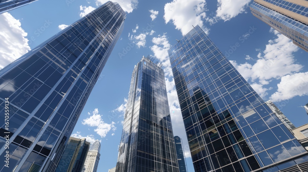 Fototapeta premium Twin glass skyscraper office buildings, connected by a skybridge, bright midday sun, deep blue sky,