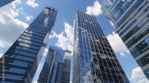 Twin glass skyscraper office buildings, connected by a skybridge, bright midday sun, deep blue sky,