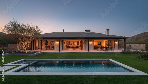 A modern home with a stunning pool and tranquil backyard setting at twilight.