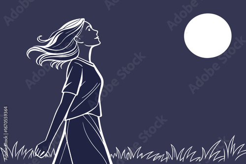 Serene woman looking up at the glowing full moon under starry night sky peaceful.