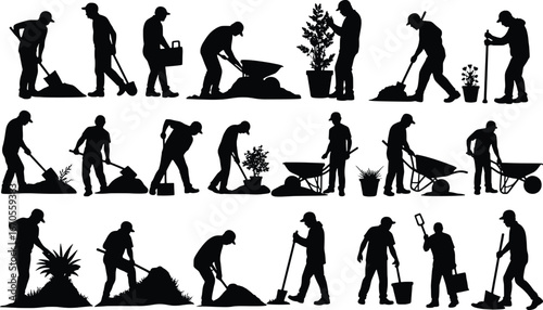 Silhouettes of people gardening and performing various outdoor tasks