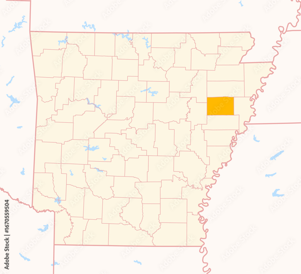 Fototapeta premium Map of the County Cross (Arkansas, US) showing the Federal State with the highlighted County