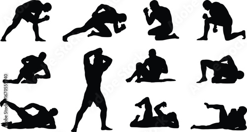 Silhouettes of athletes in various wrestling poses and stretches