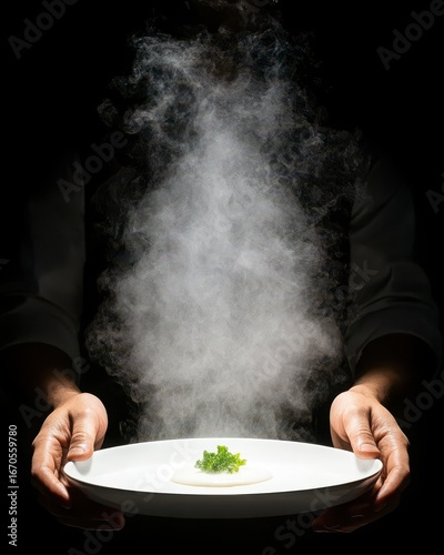 Chef Presenting Steaming Dish on White Plate Against Dark Background