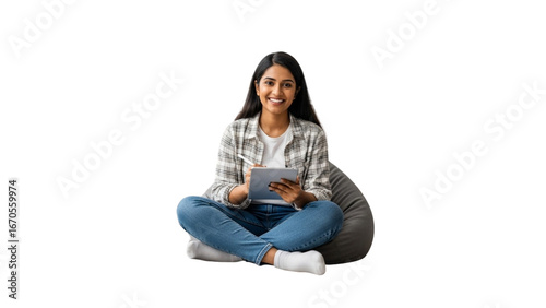 Confident and Creative: A Happy Young Woman Using a Digital Tablet While Relaxing on a Beanbag, Isolated on White