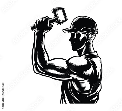 Strong worker flexing arm silhouette holding tool isolated in black and white vector illustration