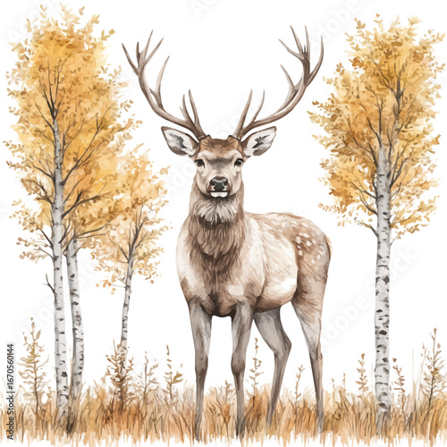 watercolor of Deer In Autumn Forest, vector, isolated on a white background.