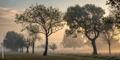 Misty Dawn Landscape Silhou...