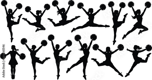 Dynamic silhouettes of cheerleaders performing energetic jumps and poses