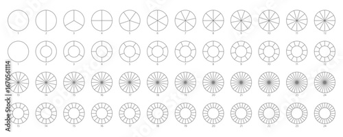 Segment slice line art. Pie chart icon. Wheel round diagram part. Circle section graph. 2,3,4,5,6 segment infographic. Five phase, six circular cycle. Geometric element. Vector illustration