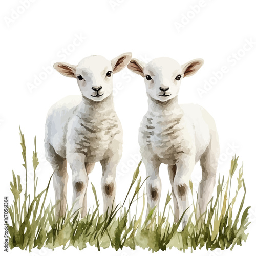 Cute Lambs Green Meadow, watercolor drawing vector, isolated on a white background.