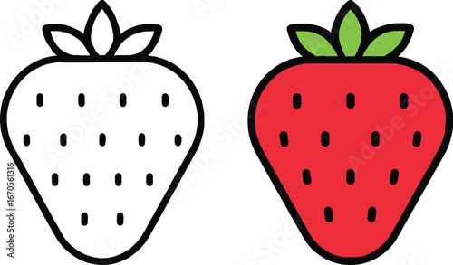 A side-by-side comparison of a black and white outline of a strawberry next to a fully colored, vibrant red strawberry with green leaves.