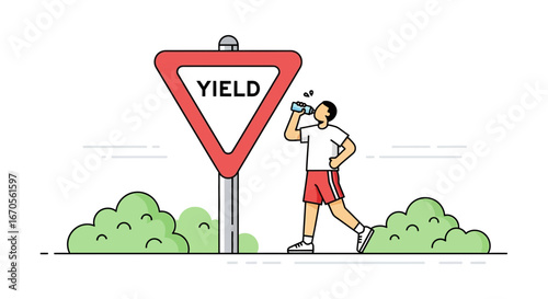 Stay Hydrated: Active Man Drinking Water Near Yield Sign on Jogging Trail